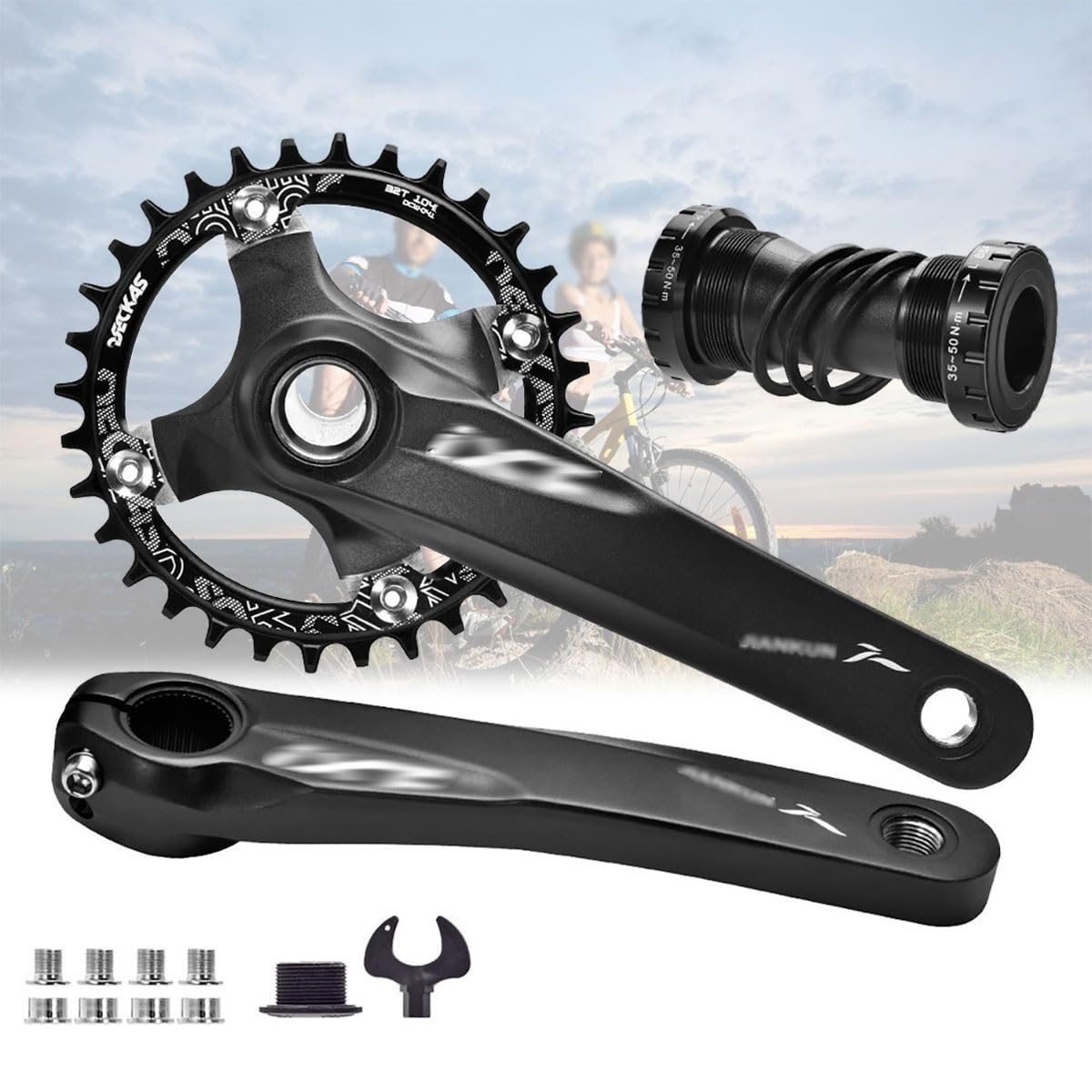 170mm Platos Y Bielas Huecos Integrados Plato Sencillo 104 32T/34T/36T/38T Juego De Bielas MTB Manivela De Aleación De Aluminio con BB para 8-11 Velocidades(Black,38T)