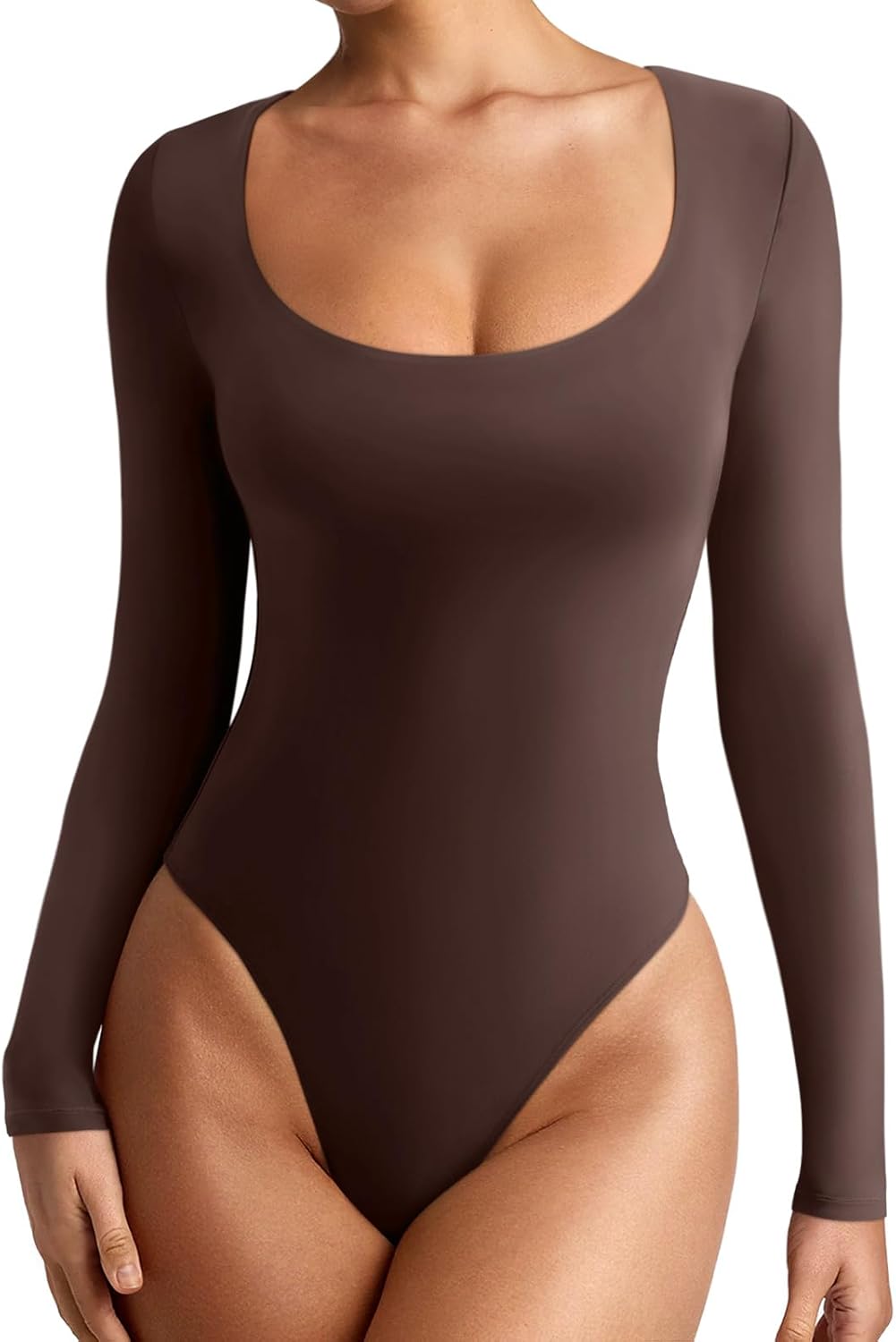 REORIA Women's Sexy Basic Scoop Neck Long Sleeve Double Lined Layering Slim Bodysuit Tops