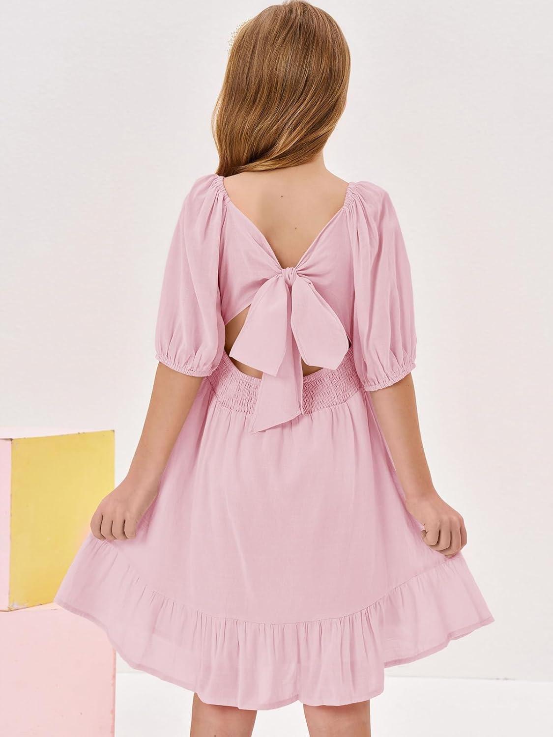 Girls Summer Dresses Square Neck Lantern Sleeve Tie Backless Ruffle A-Line Party Mini Dress - Image 3