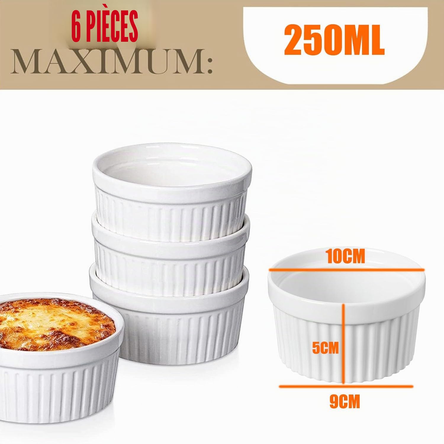 Lot de 6 ramequins à crème brûlée, à soufflé, passent au four, en céramique pour ragoûts, délicieuses viandes assaisonnées, muffins, panna cotta, 10 cm, blanc