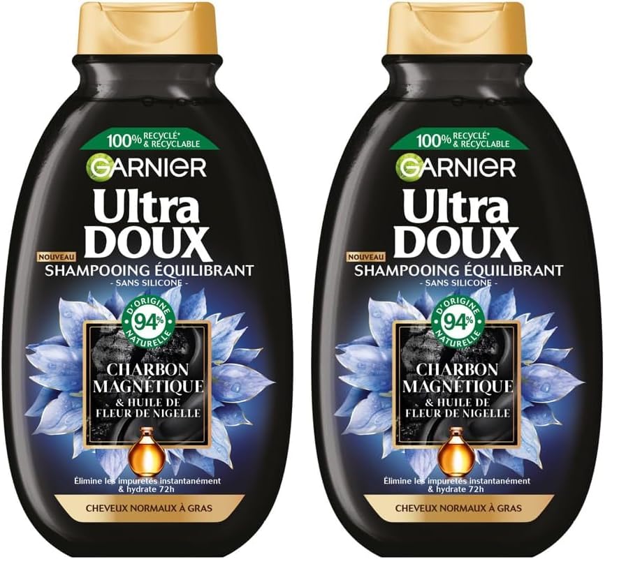 Garnier Ultra Doux - Shampooing Hydratant & Équilibrant au Charbon Magnétique & Fleur de Nigelle - Pour Cheveux Normaux à Gras - 250 ml