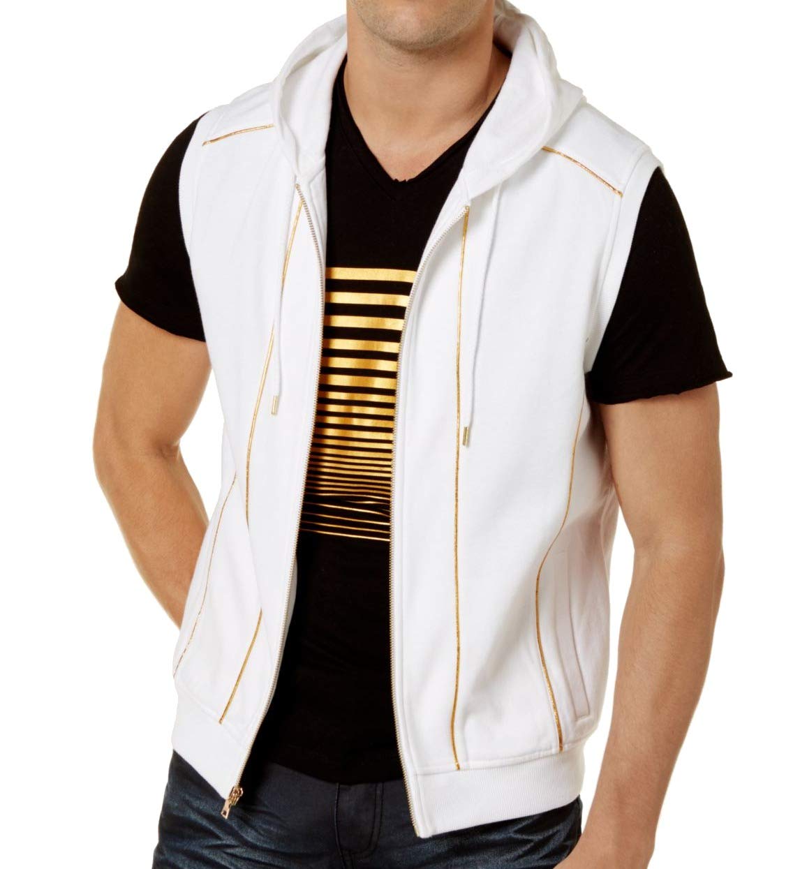 I-N-C Mens Gold Piping Sweater Vest, White, Large