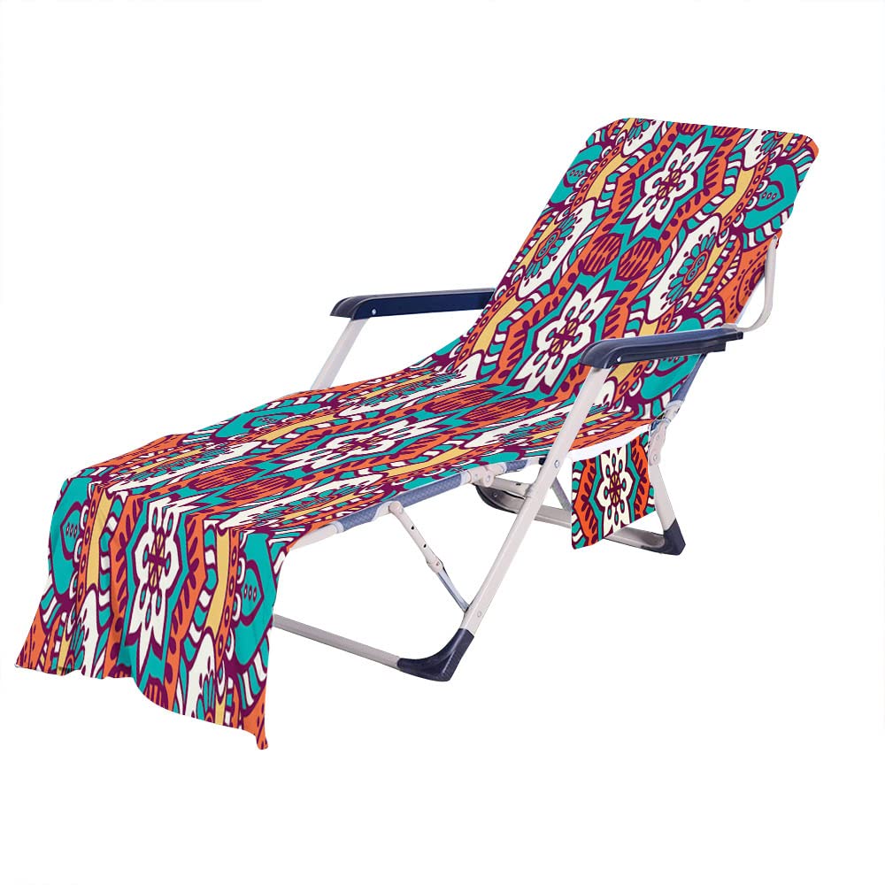 RRrawgff Beach Chair Cover Towel, Colourful Bohemian Exotics Print Beach Towel Lounger Bags with Pockets, Microfiber Sunbed Sun Lounger Towels for Summer Outdoor Garden Pool (73x210cm,N)