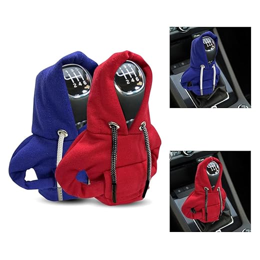 2PCS Car Gear Shift Cover, Fashionable Hoodie Car Shift Knob, Winter Warm Gear Shift Knob Cover Sweater Shirt, Auto Interior Accessories Shift Knob, Universal Car Decor Accessories (Red&Blue)