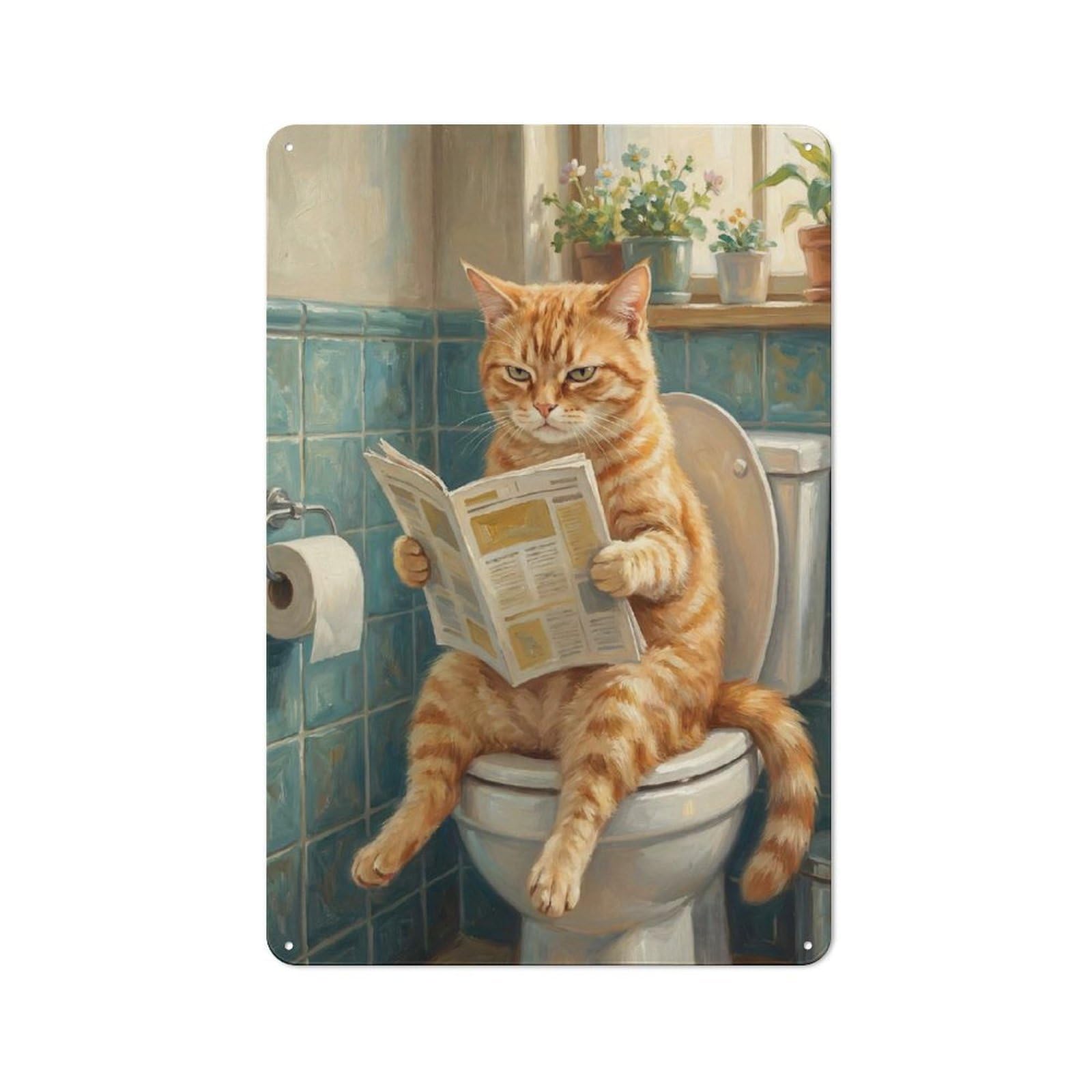 Junmoney Style-3 Cat Reading Newspaper On Toilet Cottage Style Metal Wall Decor 30X20cm, Farmhouse Metal Sign For Kitchen, Cottage, Porch Or Garden Room