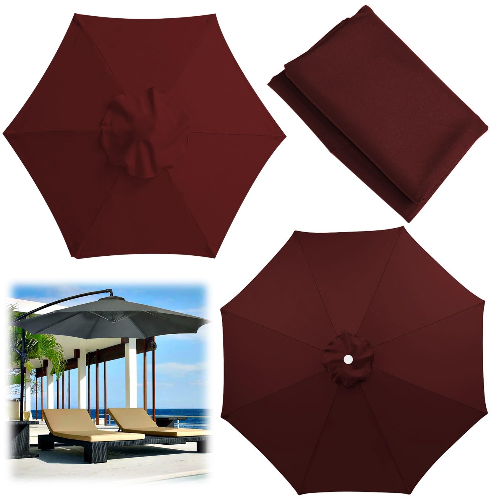 Replacement Parasol Canopy, 2/00270/300 CM Market Table Umbrella Cloth Replacement Fit 6/8 Arms Patio Umbrella Outdoor Deck Parasol Cover Lawn Pool(Color:Burgundy,Size:8 ribs-3m(9.8ft))