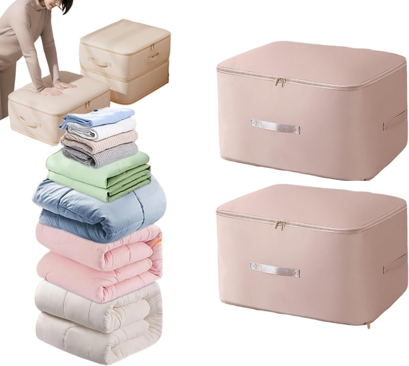 2Pcs Ultra Space Saving Self Compression Organizer, Storage Tote for Space Saving, Portable Heavy Duty Moving Bags, Suitable for Quilts, Blankets, Bedding, Clothes (Pink, XL-20.47 * 16.53 * 23.6 in)