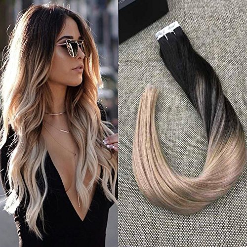[Promotion]Ful Shine 18 inch Tape Remy Human Hair Extensions Off Black Color #1B Fading to #18 Pastel Balayage Remy Hair Seamless Extensions 20 Pcs 50gram Per Package
