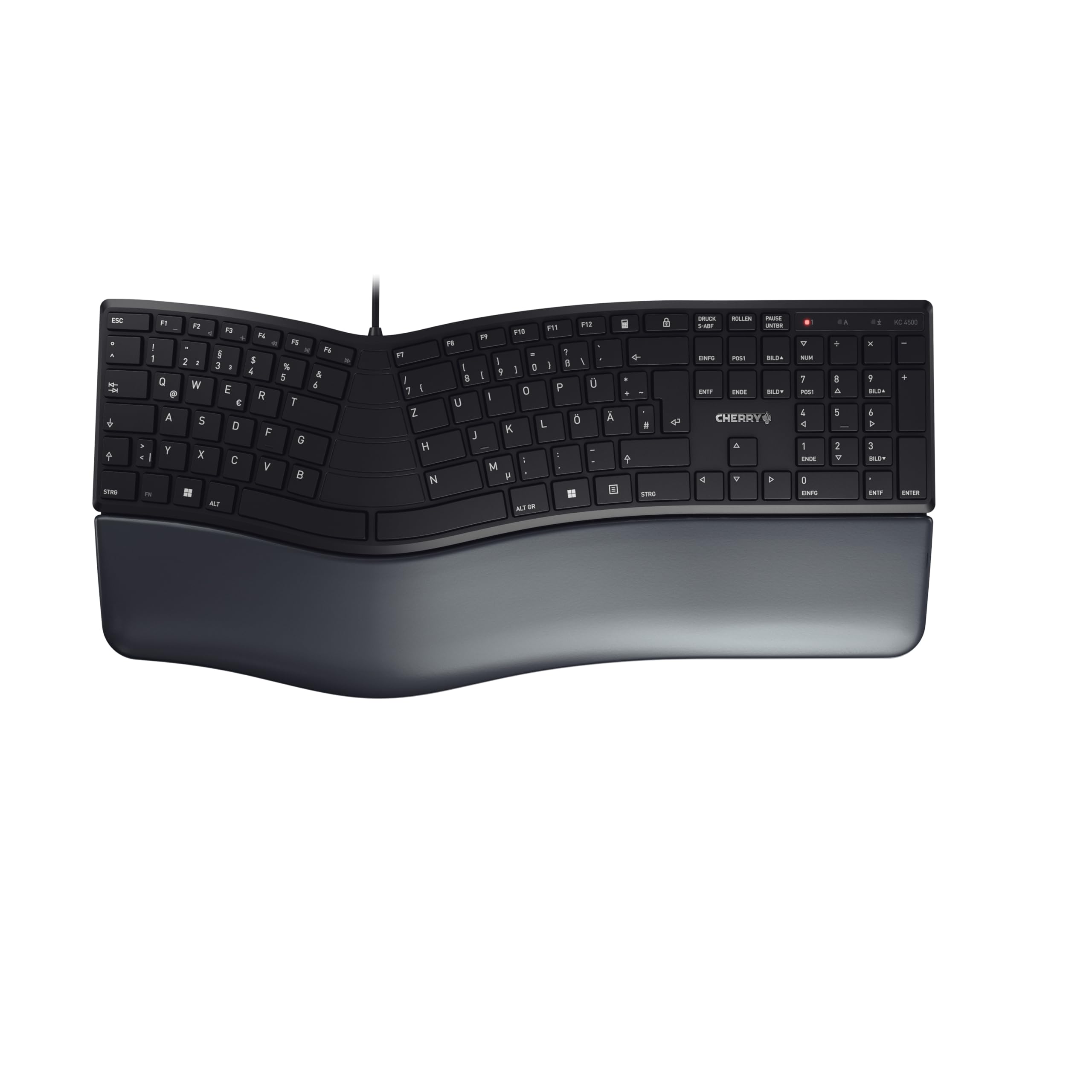 CHERRY KC 4500 Ergo, Ergonomische Tastatur, Deutsches Layout (QWERTZ), Kabelgebunden, Handballenauflage mit Memory-Schaum, Geschwungenes Tastenfeld, Schwarz