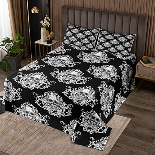 feelingyou Couvre-lit baroque gothique tête de mort 170 x 210 cm - Motif floral en dentelle blanche - Pour chambre d'enfant - Pour Halloween - Squelette...