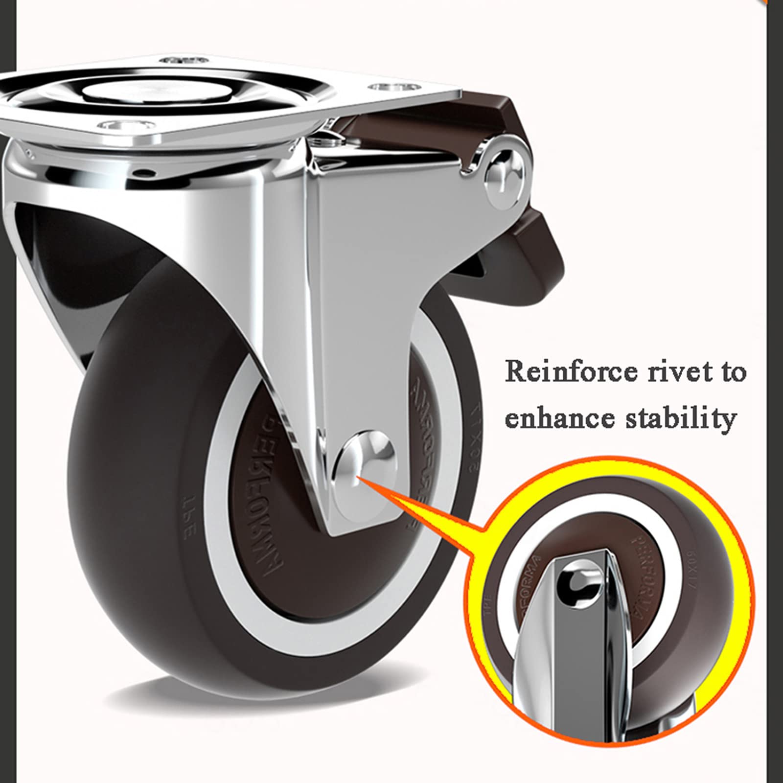 Ruote girevoli,Rotelle mobili con Freno,1.5/2-Inch Castor Combo Set,Ruota in Gomma Morbida TPE Marrone,capacità di carico Totale 220Lbs/100Kg Ruote del Pacchetto 4,Swivel-2in