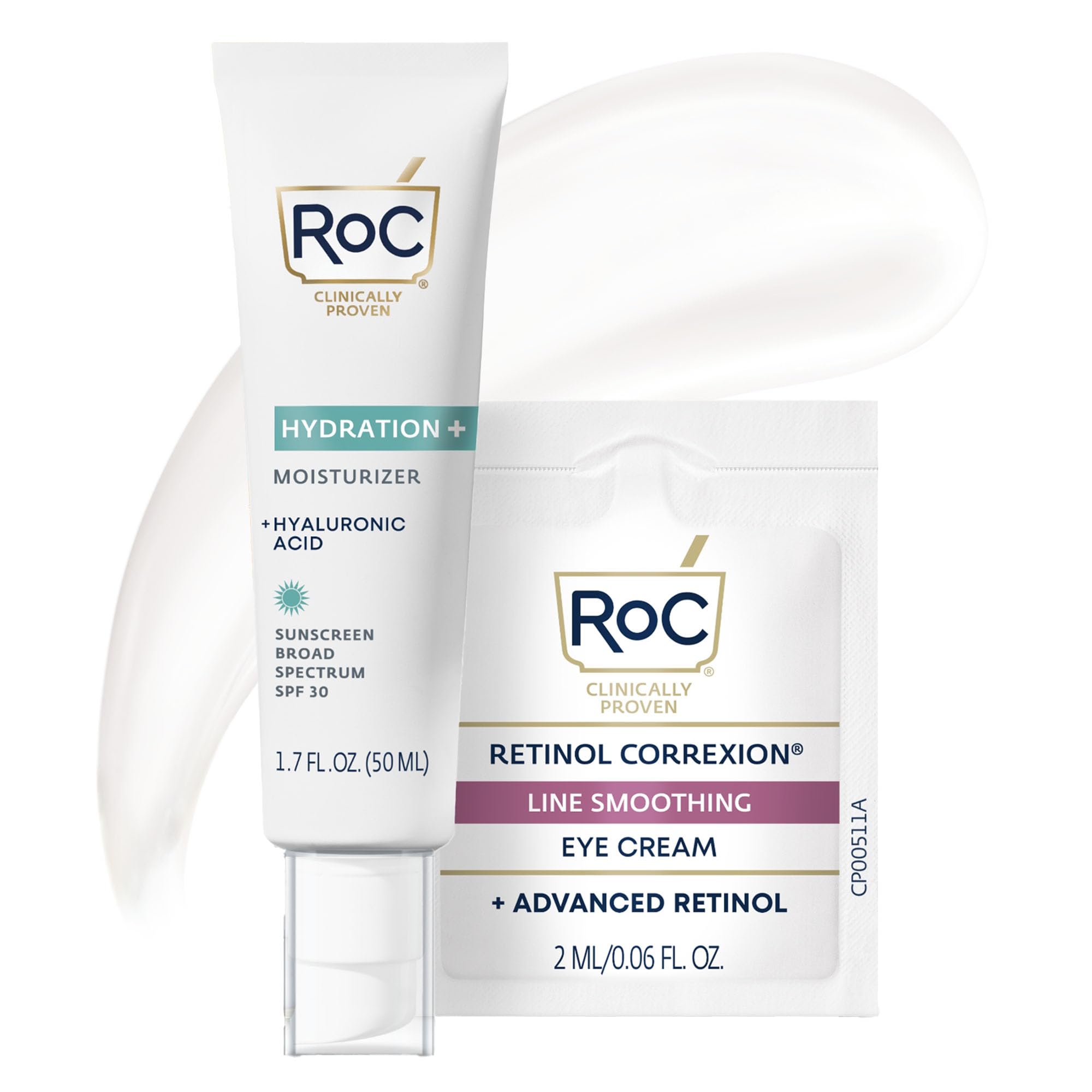 RoC Multi Correxion 1.5% Pure Hyaluronic Acid Anti Aging Daily Face Moisturizer with Sunscreen, SPF 30 Broad Spectrum Moisturizer + Retinol Eye Cream Packette