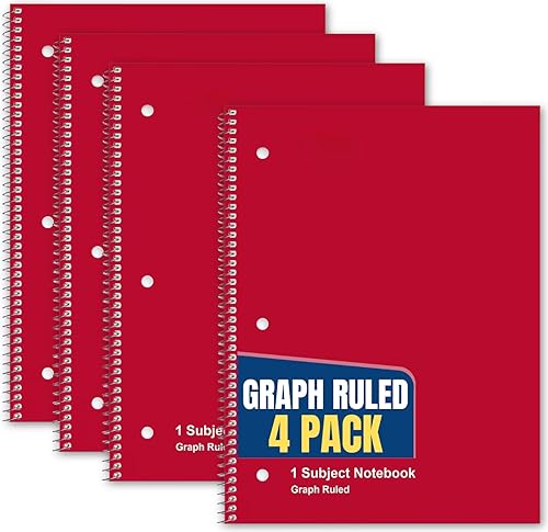 1InTheOffice Cuaderno de espiral de papel cuadriculado de 8.5 x 11, cuaderno a rayas gráficas de 5 cuadrados por pulgada, rojo, 70 hojas, 8 x 10.5