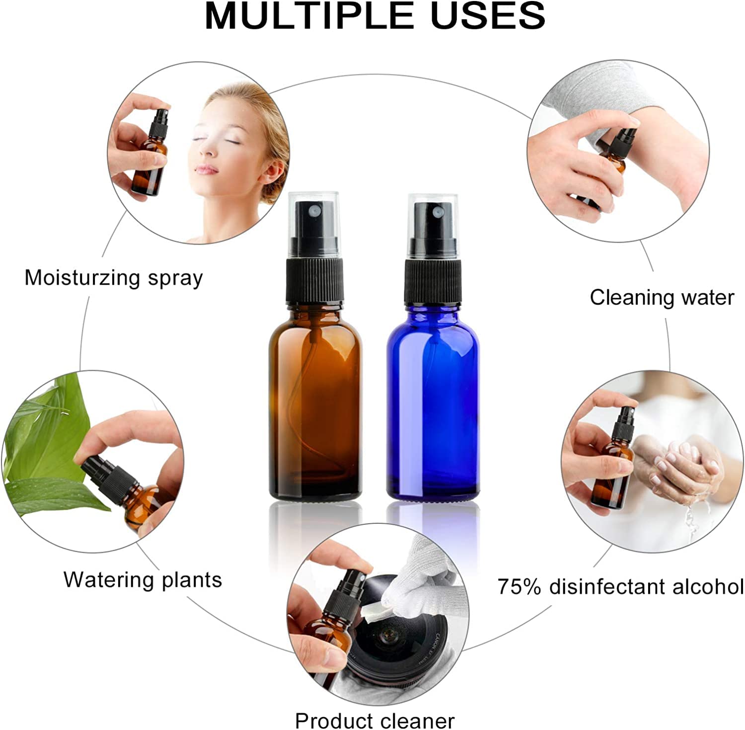 12 botellas de spray vacía de 100 ml de vidrio con pulverizador niebla fina para: farmacia, perfume, aceite esencial, cosméticos, aromaterapia. (con accesorios) (100 ml, verde)