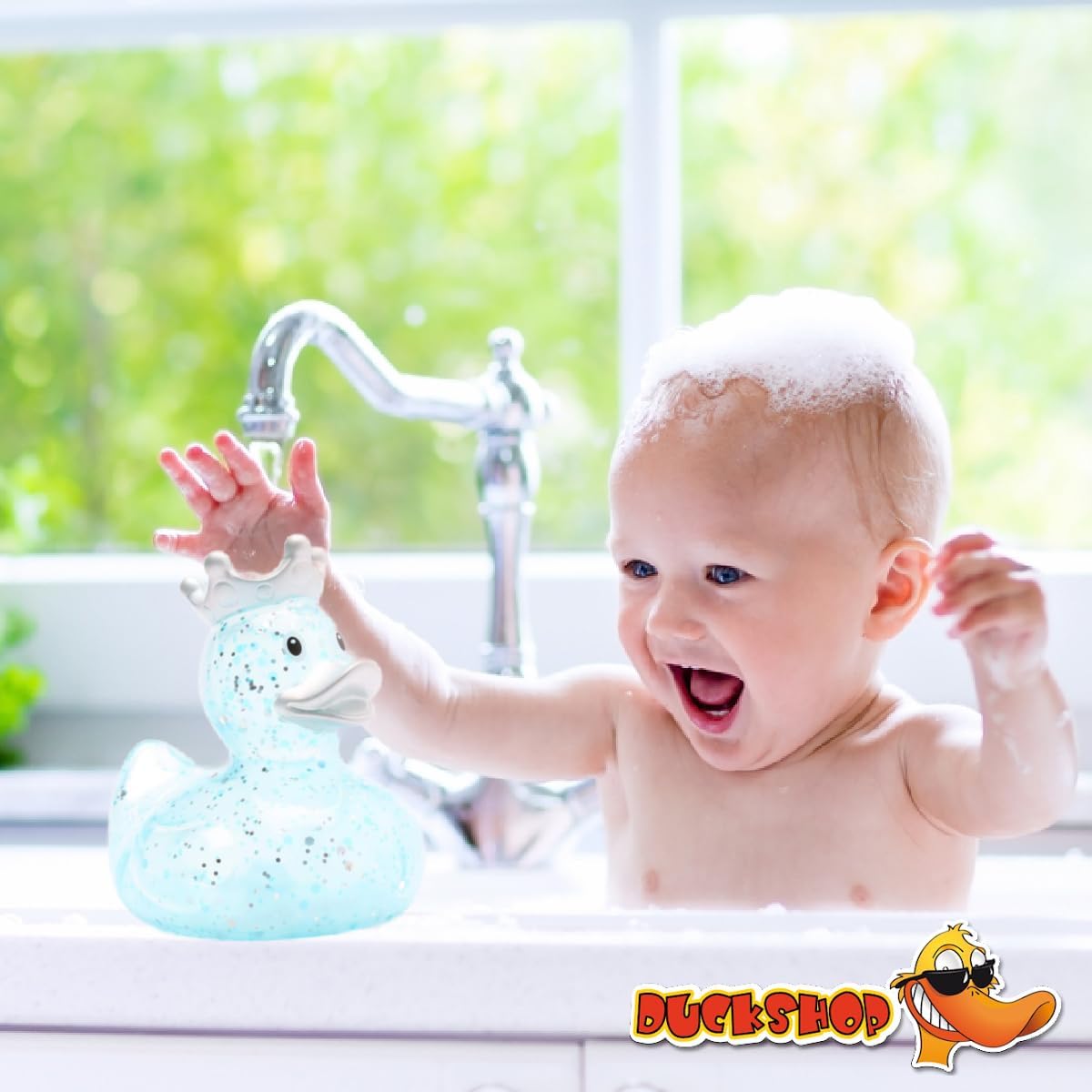 Paperella Da Bagno Glitter Blu Con Corona - Set Con Portachiavi Paperella Incluso - Giocattolo Da Bagno 8 Cm - 5