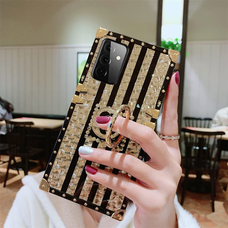 Image of for Samsung Galaxy A54 5G Trunk Case Luxury Box for Women Girls Design Gold Glitter Bling Cute Flower Pattern Soft Cover with Finger Ring Grip Kickstand Fancy Phone Skin,Gold