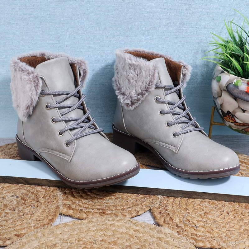 Padchin Women Block Heeled Fur Accent Grey Boots 1