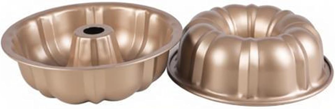 2 Pack 9 Inch Round Fluted Tube Cake Pan, Large Heavy Duty Baking Nonstick Gugelhupf Cake Pans, Black Carbon Homemade Pound Cakes Oven Bakware Mold Mould for Cupcake, Jello, Gelatin -Gold