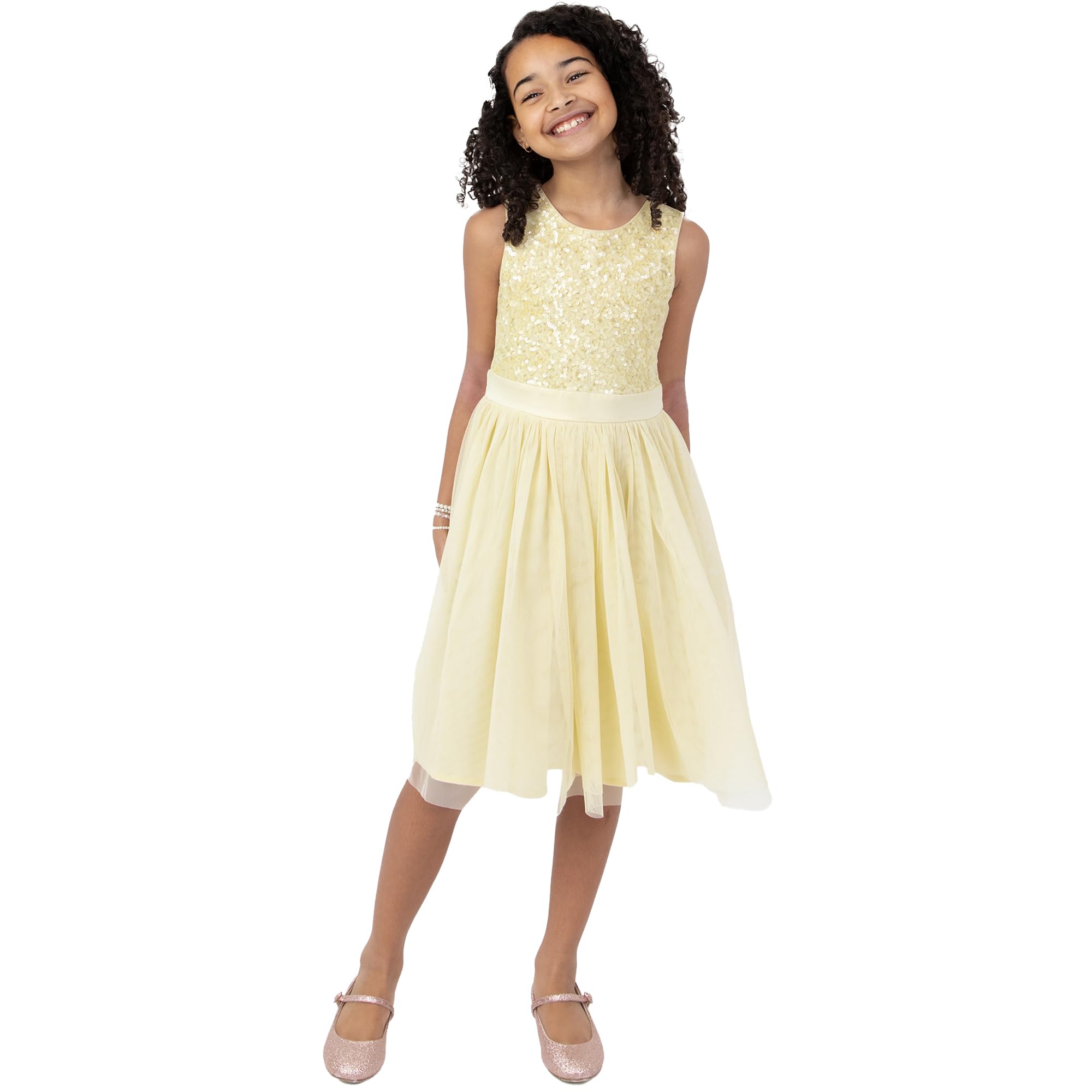 Maya Deluxe Girl's Midi Dress Sequins Embellished Party Tutu Bridesmaids Wedding with Belt Bow, Lemon, 7 Years