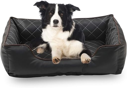 Long Rich Luxury All Sides Faux leather Rectangle Pet Bed. Black color, 26x18 inches, By Happycare Textiles
