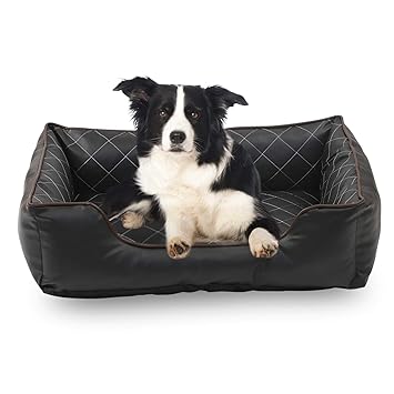 Happycare Textiles Luxury All Sides Faux Leather Rectangle Pet Bed. Black Color, 26x18 inches
