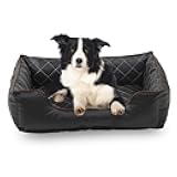Long Rich Luxury All Sides Faux leather Rectangle Pet Bed. Black color, 26x18 inches, By Happycare Textiles