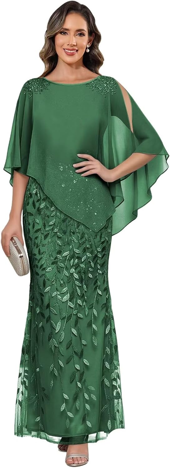 Sequin Mother of The Bride Dresses for Women Long Chiffon A Line Formal Wedding Guest Dresses with Sleeves