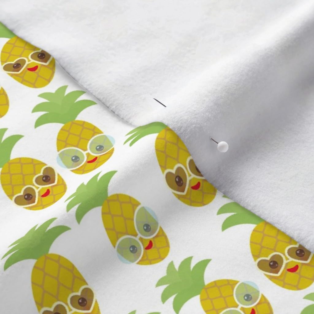 Spoonflower Fabric - Kawaii Pineapple Face Smile Eyes Sunglasses White Background Fruit Printed on Polartec(R) Fleece Fabric by The Yard - Sewing Blankets Loungewear and No-Sew Projects