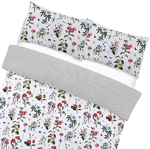Night Comfort Percale Duvet Cover Set with Pillowcase - Plant with Leaves Luxury Cotton Blend Reversible Bed Set Quilt and Pillow Cover (Multicolour, Double)