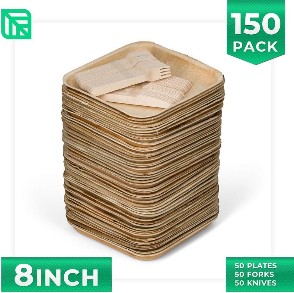 Black Friday - 70% OFF 50 8 Disposable Square Palm Leaf Plates + 100 Cutlery (50 Forks, 50 Knives) - Better Than Bamboo or Wood Plates. Heavy Duty, 100% Compostable & Biodegradable Eco Friendly Party Plates (8 inch)