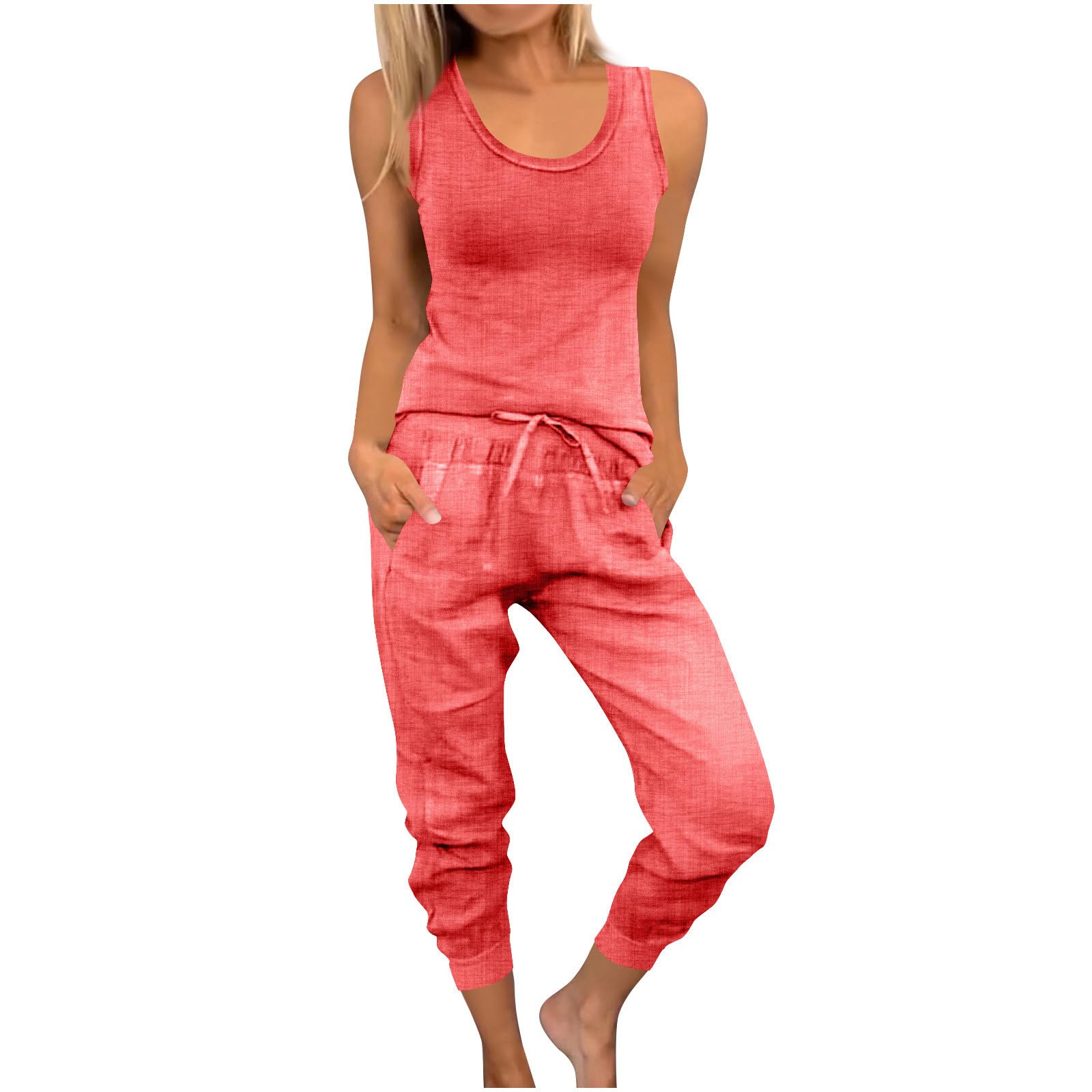 Women 2 Piece Outfits Cotton Linen Crew Neck Sleeveless Tank Tops Drawstring Waist Jogger Pants Tracksuits with Pockets