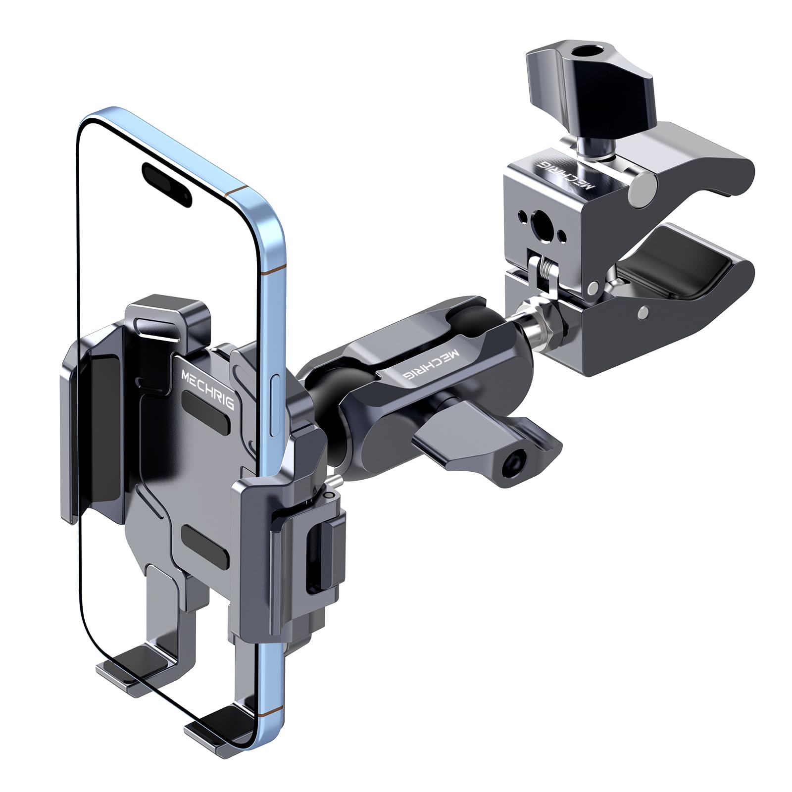 QX002 Support de téléphone pour moto avec amortisseur de vibrations (comprend une super pince + bras double prise + support de téléphone tout en un) réglable à 360 ° et support de téléphone en