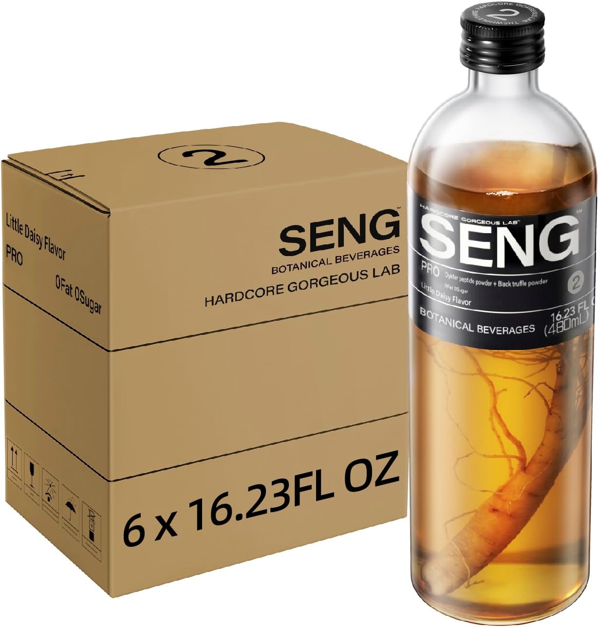[6 Pack]Hardcore Gorgeous Lab SENG Ginseng Drink for Men, Caffeine Sugar Free Ginseng Flavor Energy Boost Drink with A Whole Ginseng Root, Asian Herbal Tea for Sport, Stay Up Late People, 16.23 Fl oz