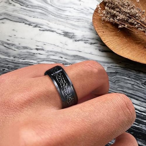 Tigrade Mens 8Mm Black Titanium Rings Beveled Edges Wedding Band Black Sandstone/Black Silk Stickers Inlay Size 7-13 (Black Silk, 11.5) #TOP3