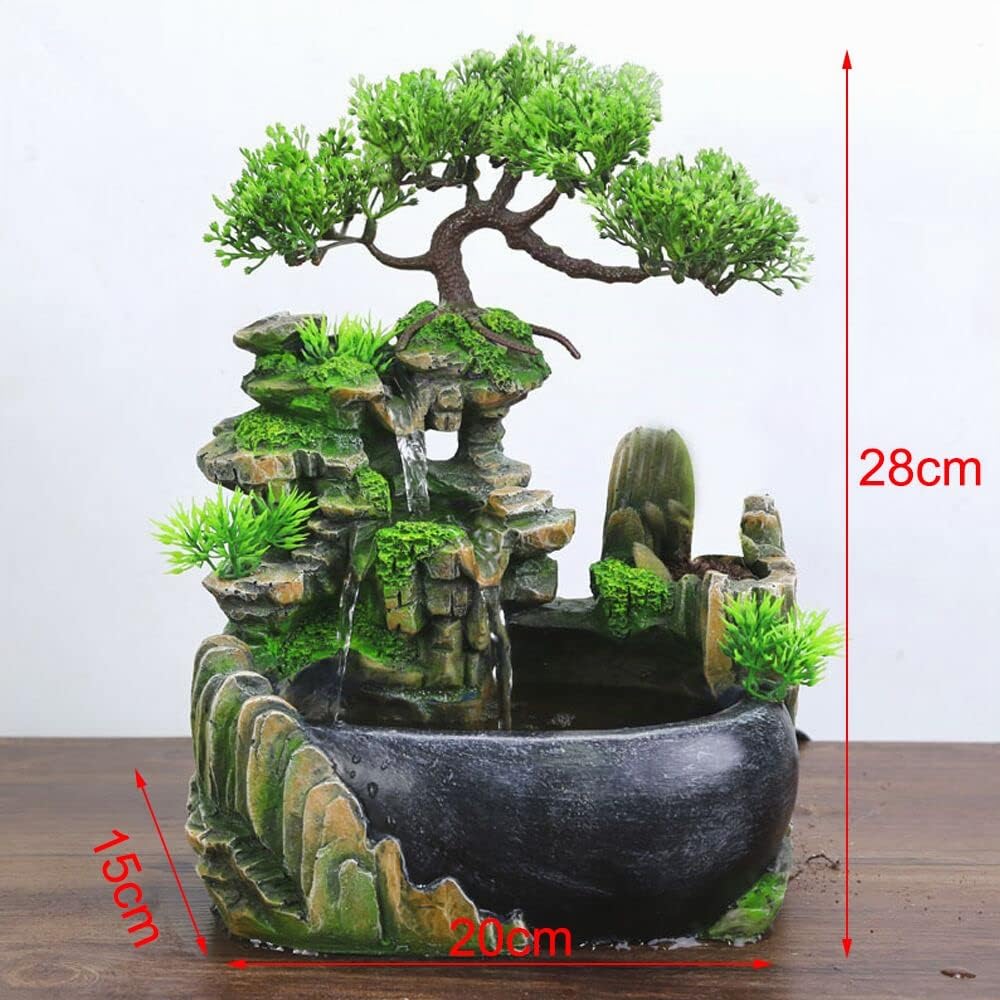 Fuente de habitación, salón de escritorio, bonsái, fuente de mesa, cascada, jardín, acuario, resina, fuente de escritorio, fuente de habitación con plantas, 28 x 20 x 15 cm