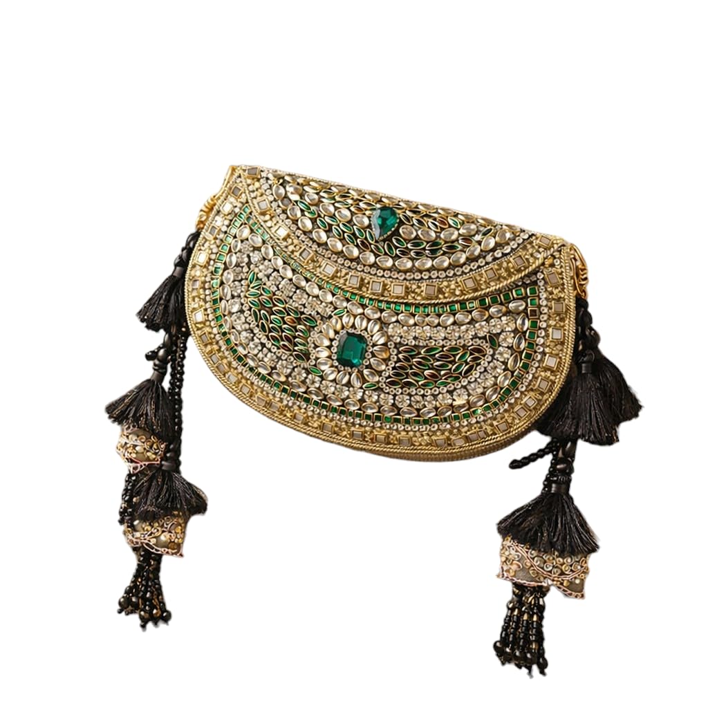Sheesh Mahal Nazakat Embellished Brass Handbag | Crystal Stone Ethnic Clutch Purse | Metal Compact Size | Gold Finish | Women’s Wedding & Festive Accessory-image-9