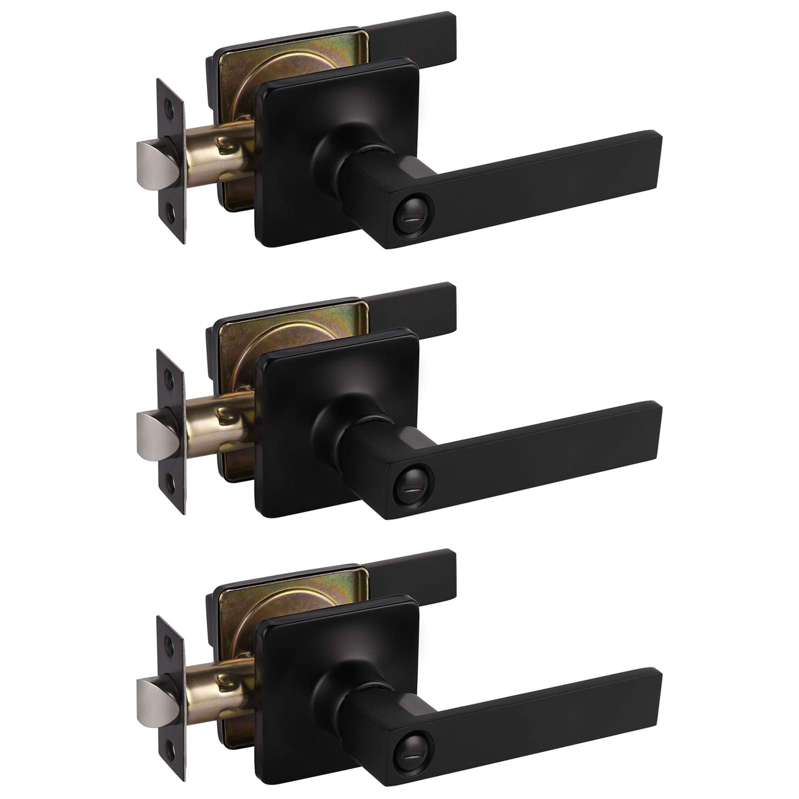 GOBEKOR3 Pack Matte Black Privacy Door Handles Black Lever Door Handle Interior with Lock Square Privacy Door Levers Black Interior Door Handles Modern DoorHardware