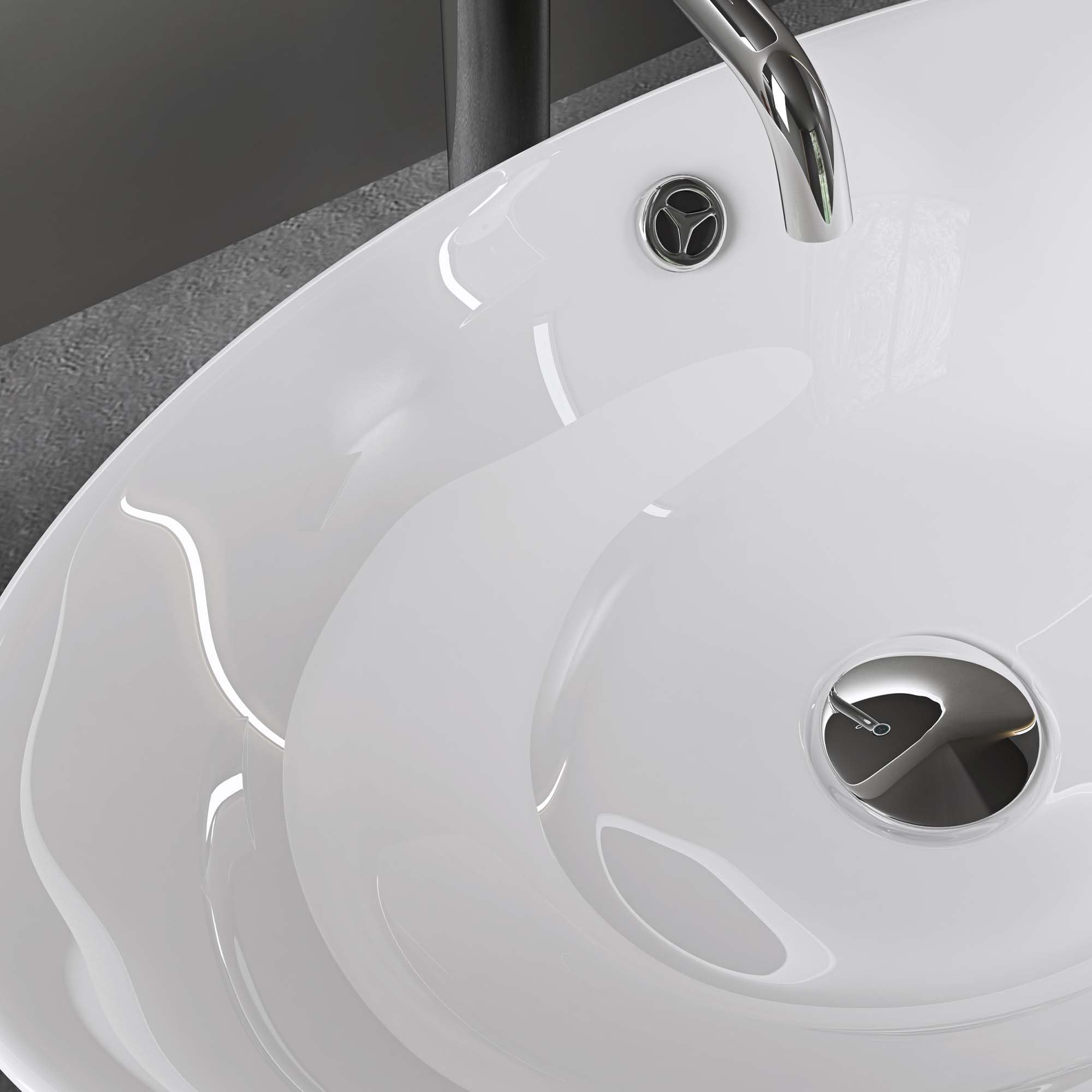 doporro Lavabo Ovale da Appoggio in Ceramica Bianco Lucido 59x38,3x19,2 cm, Lavandino Bagno con Troppopieno Effetto Loto Brüssel818