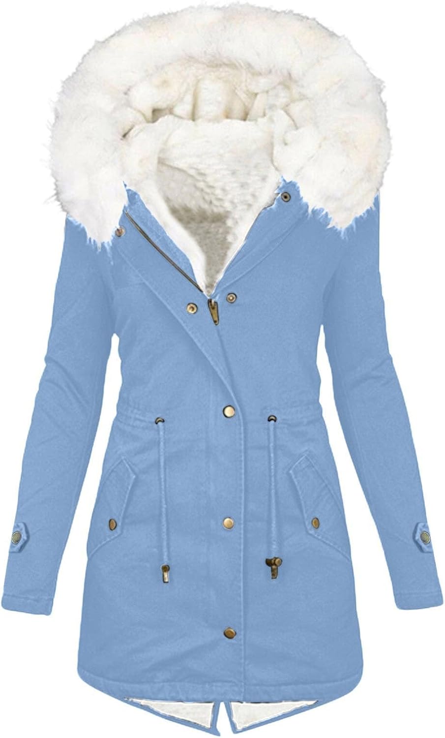 Winter Coats for Women Faux Fur Hooded Parka Coat Thicken Fleece Lined Down Jacket Zipper Button Warm Tunic Outerwear