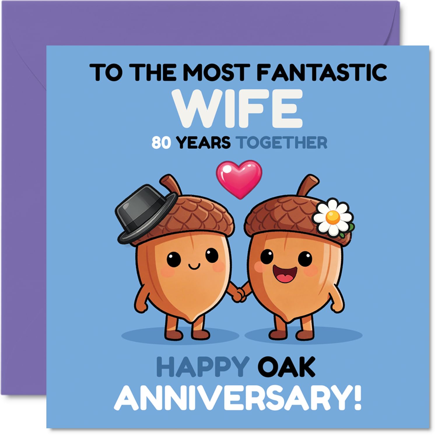 Cute 80th Anniversary Card for Wife - Celebrating 80 Years Side by Side - Adorable Acorn Couple Holding Hands - 145mm Square, Envelope Included