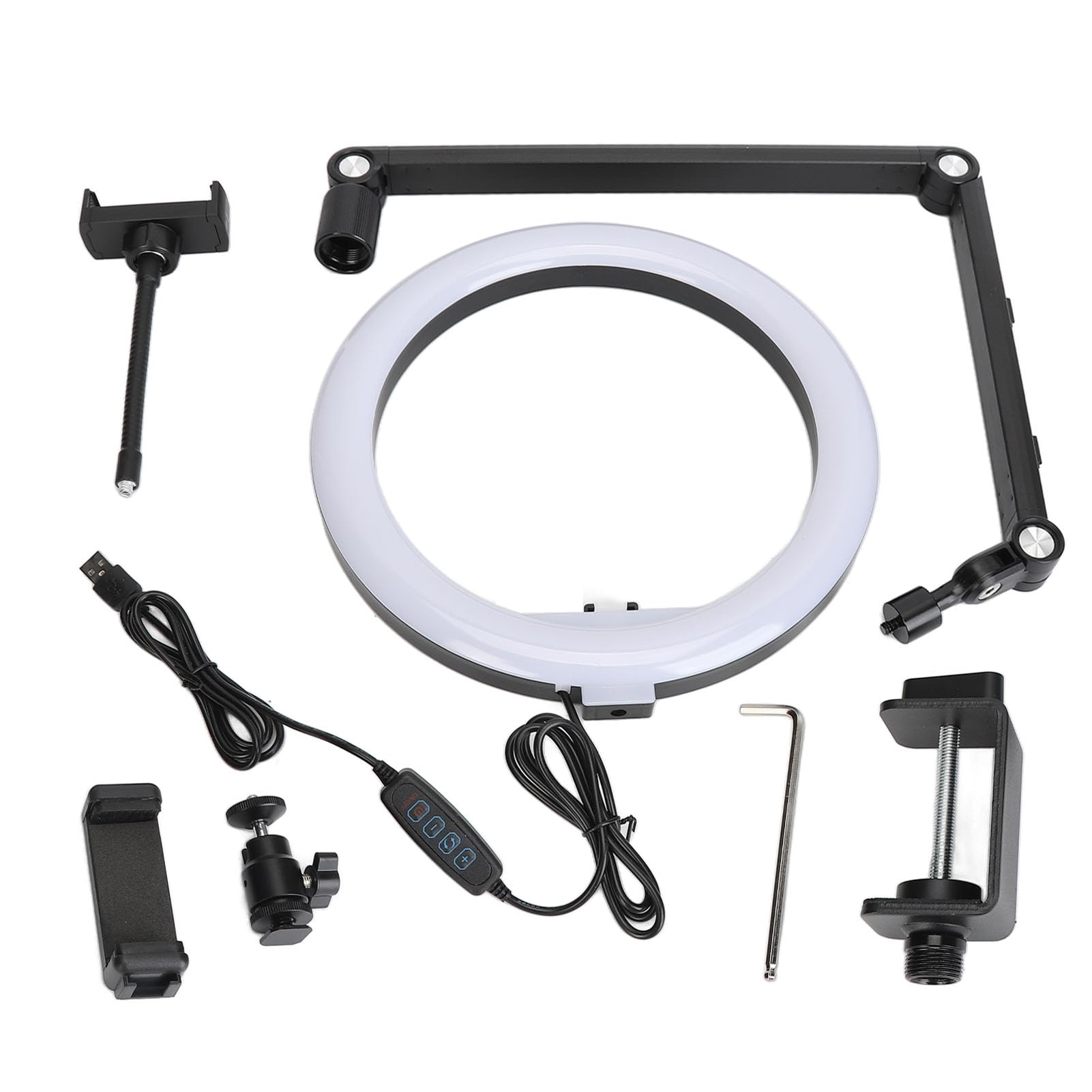 10-calowa Lampa Pierścieniowa LED ze Stojakiem, Lampa Pierścieniowa z możliwością Regulacji Kąta z Klipsem na Biurko, Odłączane, ściemniane światło Wypełniające strumień na żywo