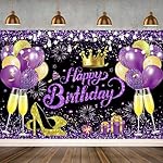 YinQin 180x120 cm Glitter Purple Golden Happy Birthday Party Backdrops Cloth 71x47 inch Photography Bday Backgrounds Black Purple Gold Happy Birthday Sign Banner Decorations for Girl Women - Image 4