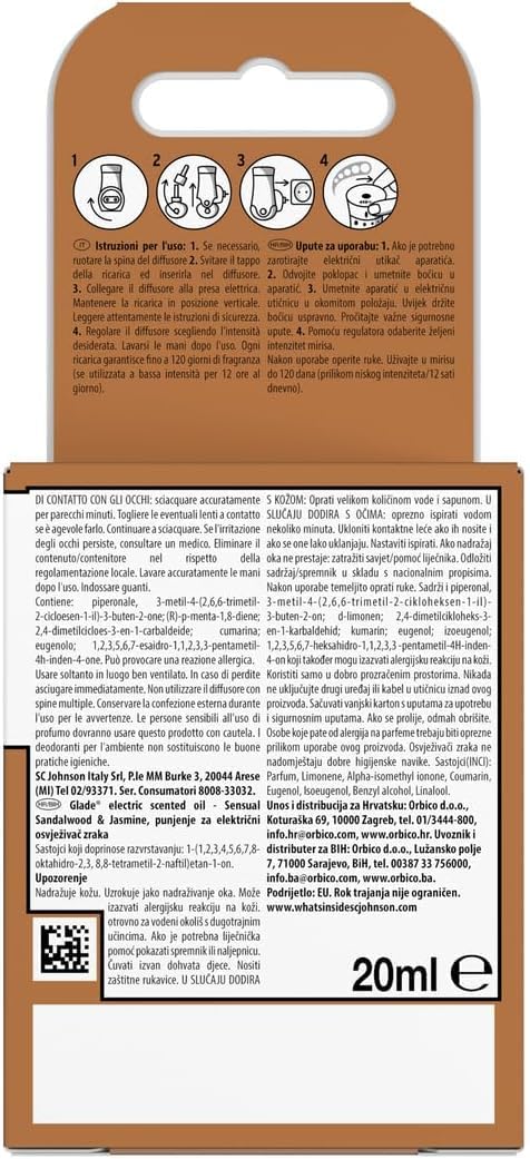 Glade Liquido Elettrico Profumatore per Ambienti con Olii Essenziali, Fragranza Gelsomino e Sandalo di Bali, Fino a 120 Giorni di Profumo, 3 Ricariche