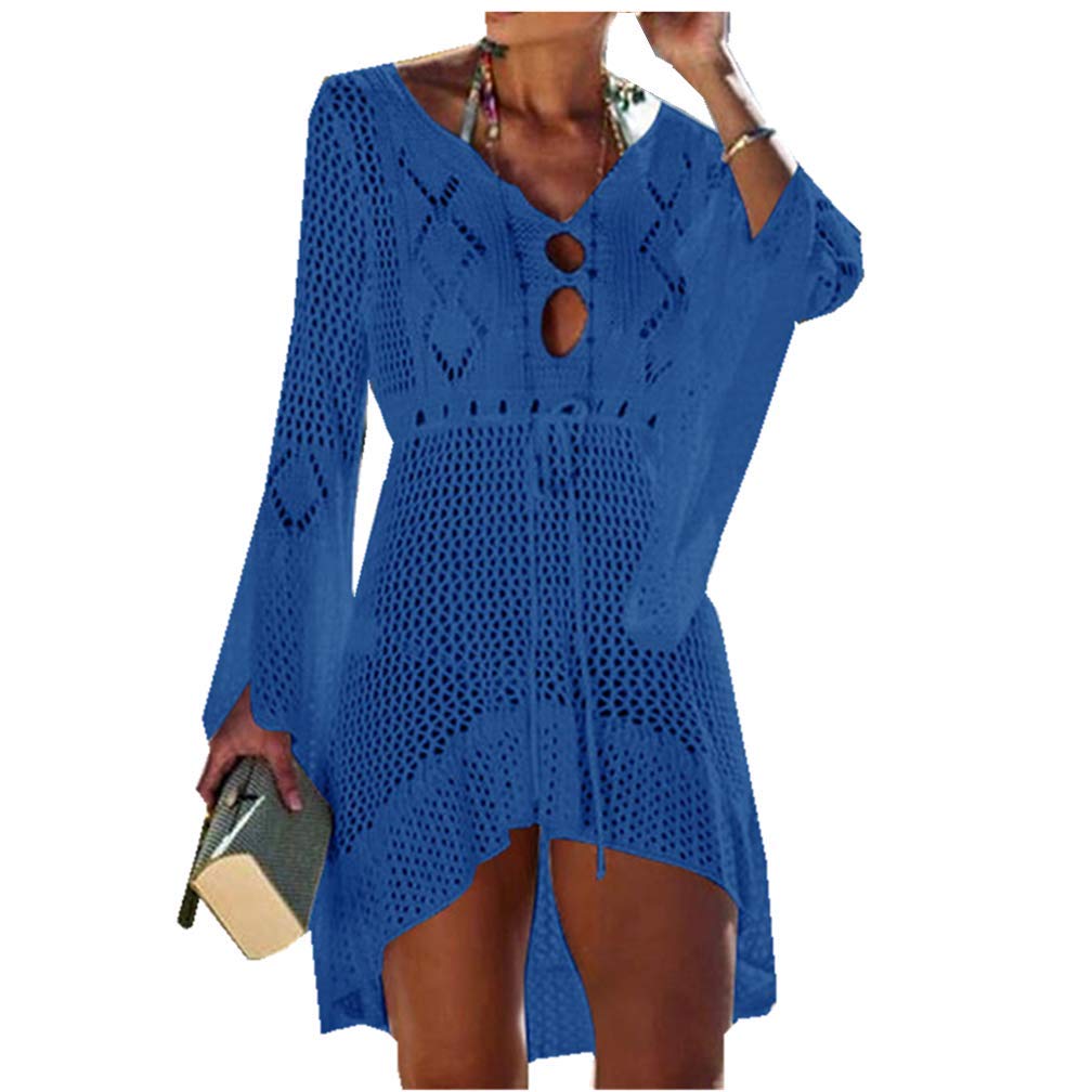 Women's Swimsuit Cover Crochet Lace Bikini Bathing Suit Beachwear Swimwear Hollow Out Dress Beach Cover Up (Blue, M)