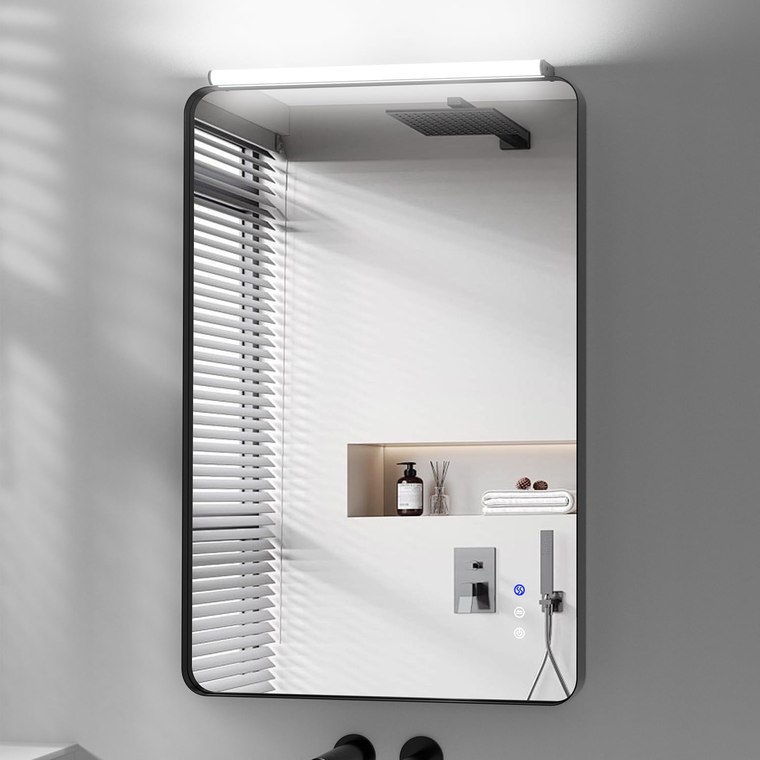 24x36 inch Bathroom Mirror with Lights, Black Metal Frame Mirror with Over-Mirror Light Strip Combo, 20W, 1320lm, Dimmable, 3-Color, Anti-Fog, Wall Mounted, Touch Switch