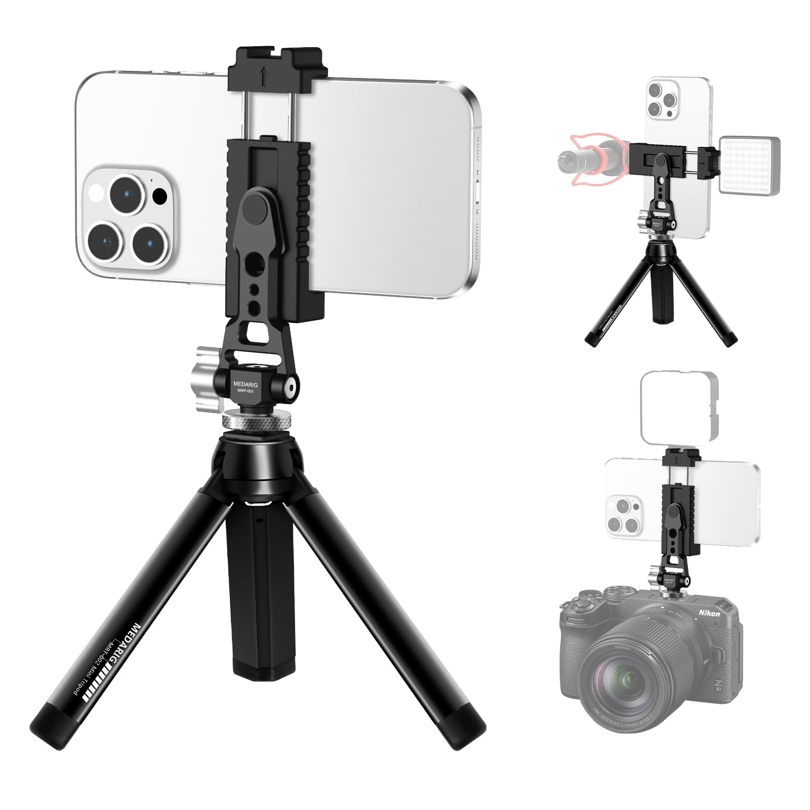 Aluminum Tripod Stand Mount Universal Smartphone Adapter with Cold Shoe Mount,360°Adjustable Cellphone Clamp Tripod Stand Holder,Compatible for iPhone,Samsung Galaxy and Cameras.