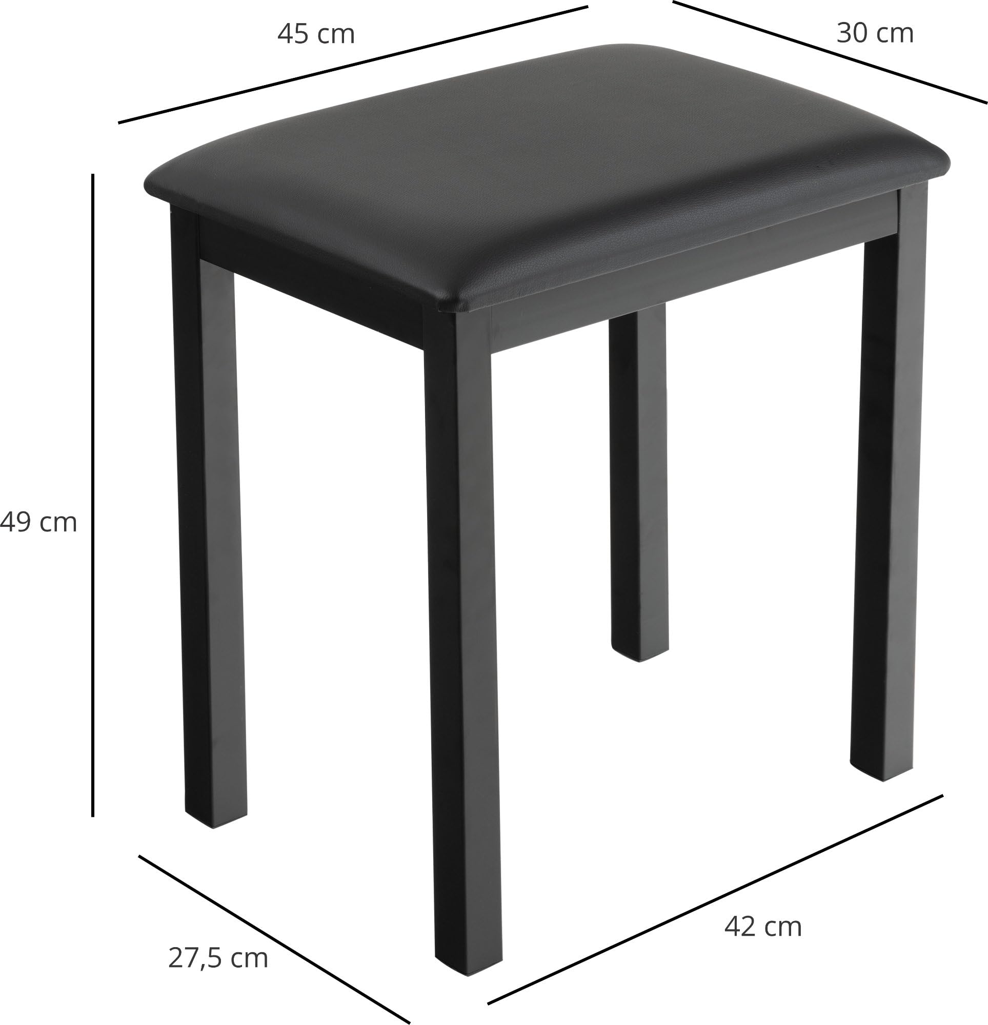 Funkey Banco de Piano B100 Negra, Dimensiones (LxAnxAl): 44 x 30 x 50 cm | Superficie de asiento negra acolchada de cuero sintético, Con patas metálicas estables, Protectores para parquet de plástico
