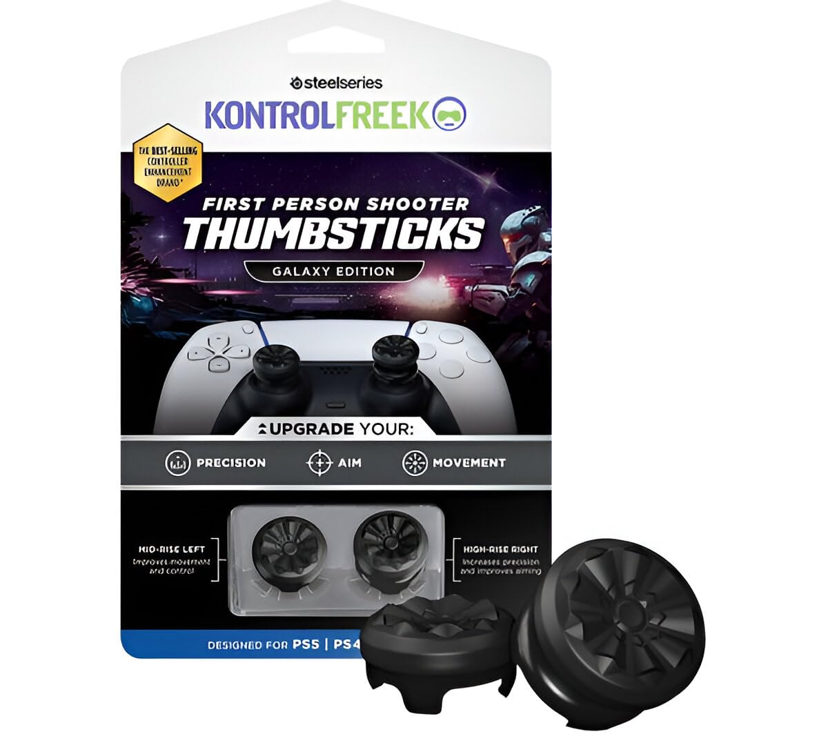 KontrolFreekFPS Freek Galaxy Black for PlayStation 4 (PS4) and PlayStation 5 (PS5) | Performance Thumbsticks | 1 High-Rise, 1 Mid-Rise | Black
