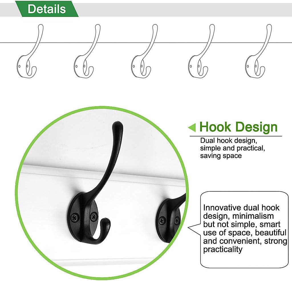 RUTAI Wall Mounted Coat Rack,Bamboo 17 inch Wall Hanging Shelf with 5 Black Dual Hooks for Hallway,Bathroom,Living Room,Bedroom,2 Pack,White