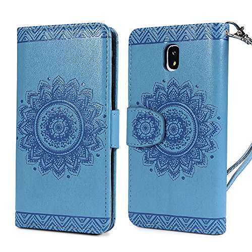 Urcover Samsung Galaxy J5 (2017 Europa) Funda Libro, Lotus Pattern Carcasa con Tapa Cierre magnético, Función de Soporte, Billetera para Tarjetas Wallet Case Eco Cuero - Azul Claro